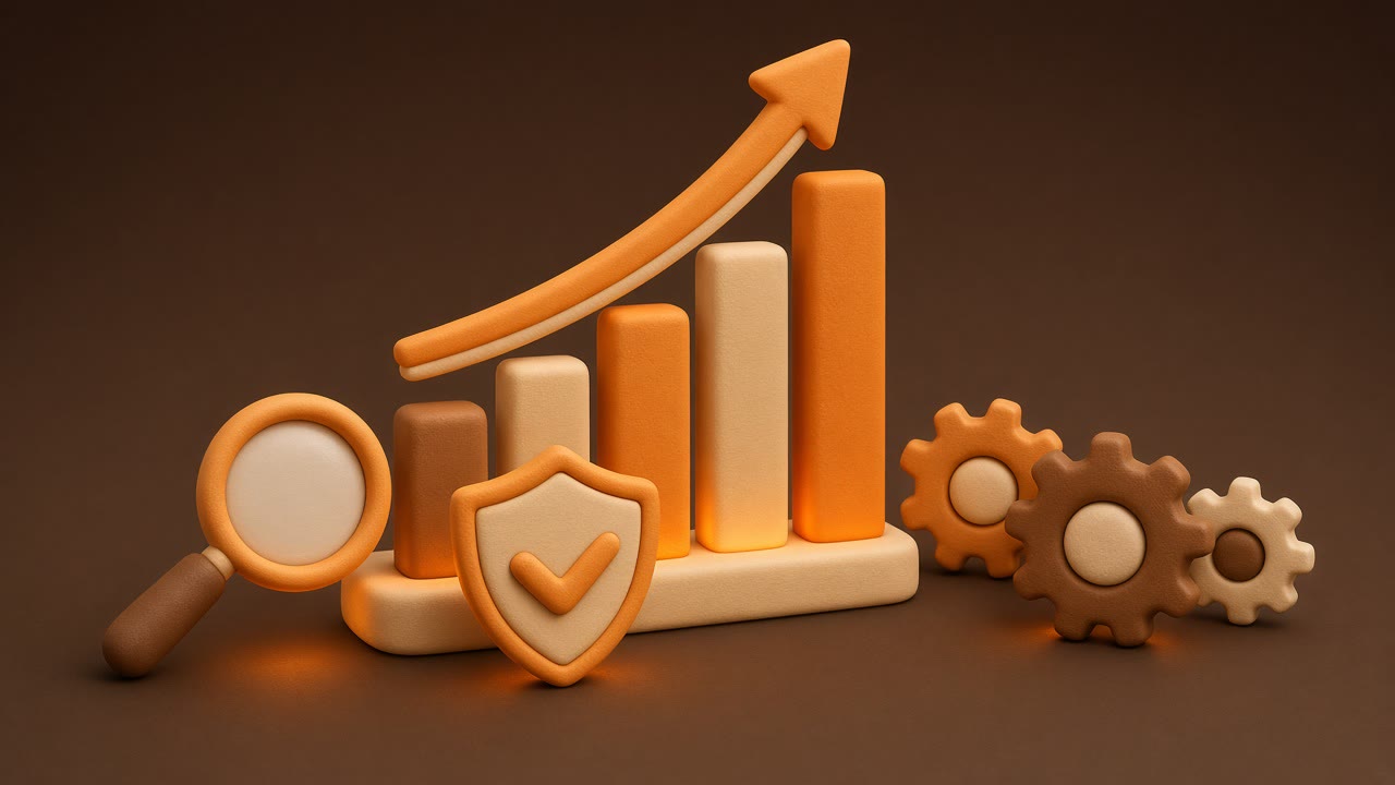 Ilustración de gráfico de crecimiento, lupa y escudo: SEO y mantenimiento web