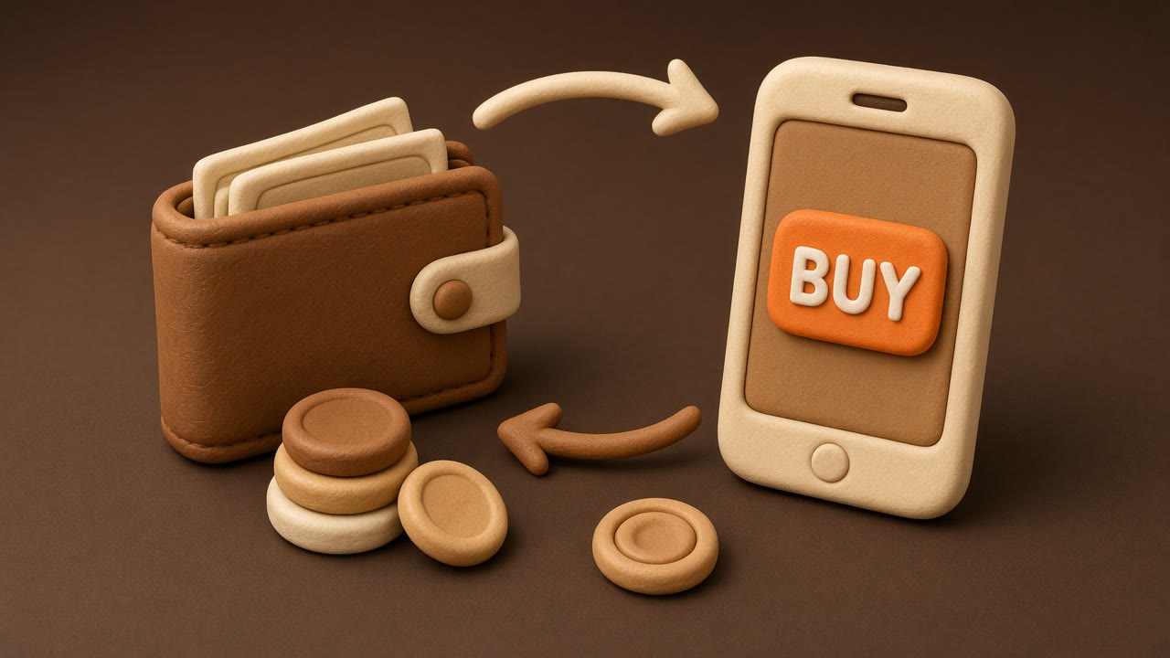 Ilustración de cartera y móvil con botón de compra: tiendas online